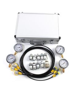 Hydraulic Pressure Test Kit for Construction Machinery: Includes 4 Gauges (100, 250, 400, 600 Bar), 3 Test Hoses, 10 Couplings, and Aluminum Carrying Case