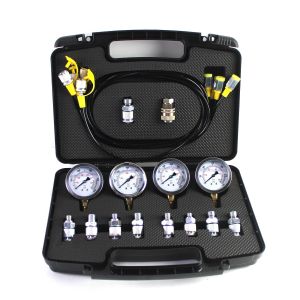 Hydraulic Pressure Test Kit: Includes 4 Gauges, 10 Couplings, 3 Hoses (160cm each), Measures 10/25/40/60 Mpa, Lightweight 3KG, Black Plastic Box