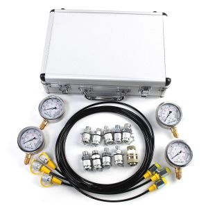 Hydraulic Pressure Test Kit for Construction Machinery: Includes 4 Gauges (100, 250, 400, 600 Bar), 3 Test Hoses, 10 Couplings, and Aluminum Carrying Case